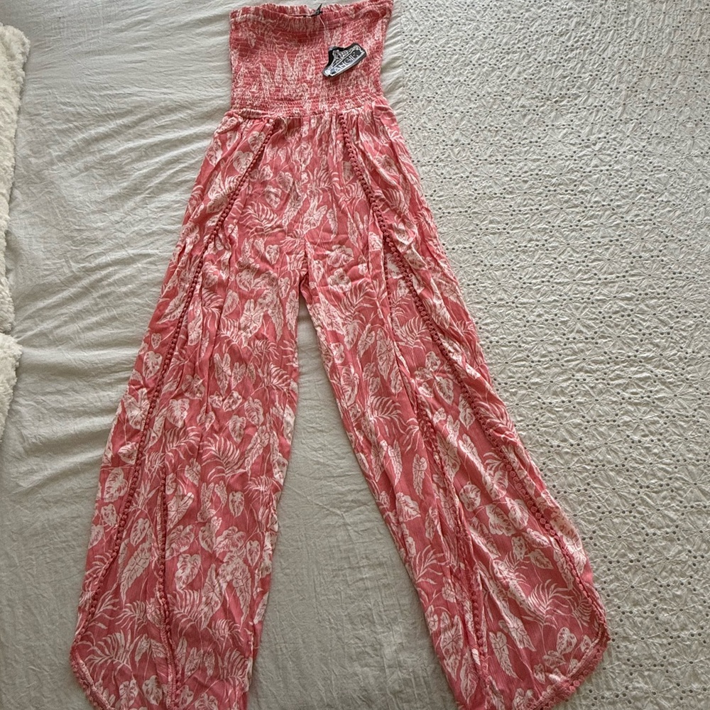 Angie Coral Pink Strapless Smocked Wide-Leg Jumpsuit with White Leaf Print